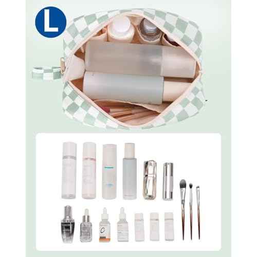 Narwey Checkered Makeup Bag Travel Cosmetic Bag Organizer Small Toiletry Bag Make Up Bags with Comparments for Women and Girls, Gift for Teen Girls (Mint Green Checkerboard, Large)