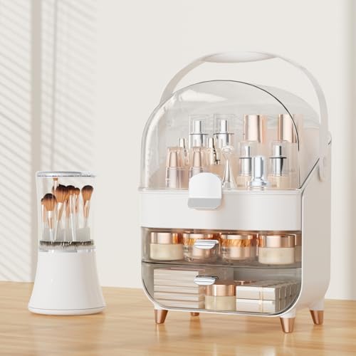 Makeup Organizer, skincare Organizers with Drawers and Lid, Makeup Organizer for Vanity with Handle for Vanity, Dresser, Bathroom Countertop, Christmas Gifts for Teen Girls Countertop(Silver)