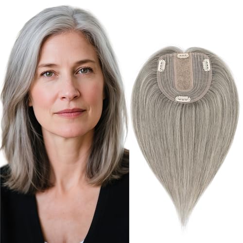 Human Hair Topper for Women, with Silk Base 3.94x4.72, 6 Inches, 4 Clips, for Thinning Hair, without Front Bangs, Salt and Pepper Color, Natural Look