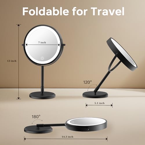 Folding Travel Makeup Mirror with Lights and Magnification,7¡± Double Sided 1X/10X Lighted Magnifying Mirror with Rechargeable Battery,Brightness Adjustable,3 Color Lighting, Black