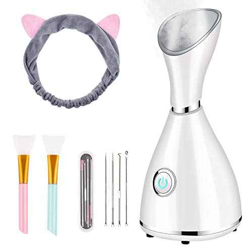 Facial Steamer for Facial Deep Cleaning, Moisturize, Unclog Pores, Face Spa, Nano Ionic Humidifier, Home Facial Warm Mist Face Steamer with Blackhead Removal Kit, Brush, Hair Band