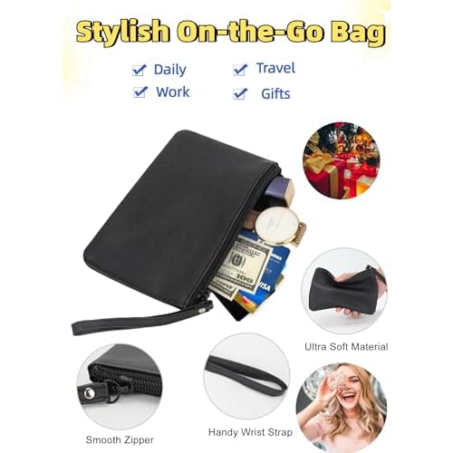 2 Pack Small Zipper Pouch Mini Makeup Bag for Purse Lipstick Cosmetic Travel Make Up Organizer for Women Essentials, Car Change Coin Holder 4.5 x 6.5 Clutch Stadium Approved Wristlet, Black