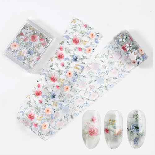 DANNEASY 6 Boxes Flower Nail Art Foil Transfer, Floral Spring Nail Stickers Foil Sheets, Starry Sky Nail Foils, Holographic Manicure Decals for Women Girls Manicure Tips Supplies
