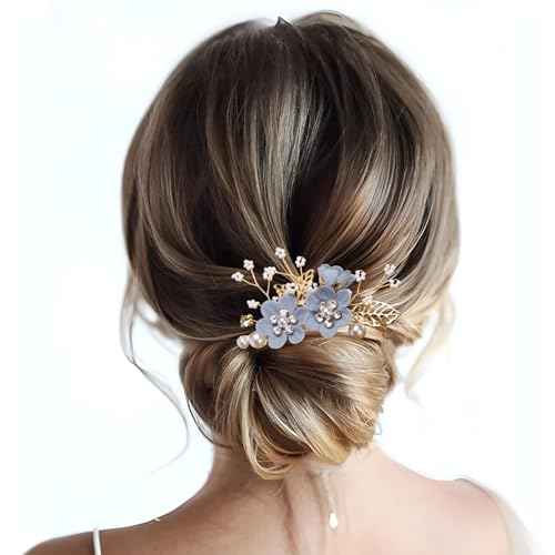 3pcs Flower Tassel Hair Pins, Vintage Chinese Rhinestones Pearl Hair Sticks, Floral Bun Updo Hair Comb Clip, Bridal Headpiece for Women Wedding, Parties - Blue