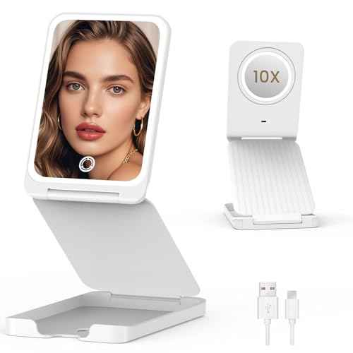 Travel Makeup Mirror with Lights, Foldable 1X Vanity Lighted Mirror with 10X Magnification, Rechargeable 1500mAh, Dimmable Touch Screen, Freely Adjust Height and Angle