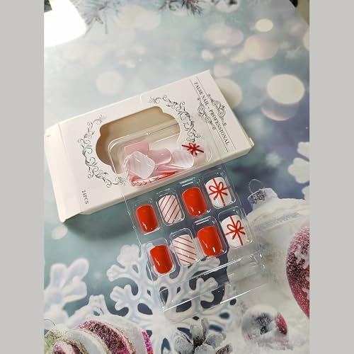 24 Pcs Christmas Press On Nails Short Square - ZIFANHU Cute Red Fake Nails Press Ons Nail Art Tips Full Cover Acrylic Glossy False Nails with Red Line Gift Box Design Glue on Nails for Women Girls