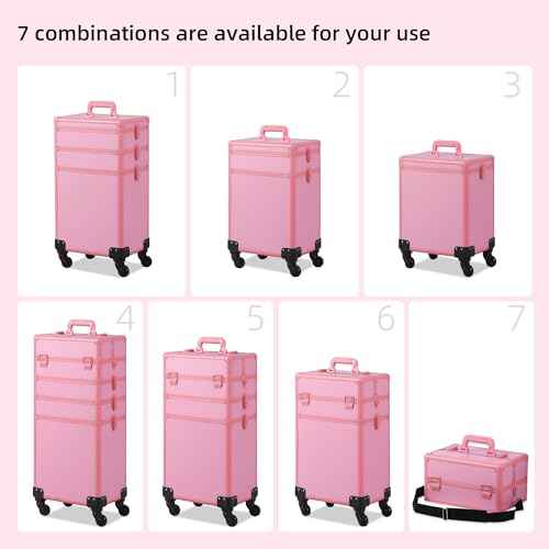 Makeup Train Case, Rolling Makeup Case with Lid, 5 in 1 Cosmetology Case on Wheels, Christmas Gift, Large Makeup Case Organizers, Profesional Cosmetic Case for Salon Barber, Pink