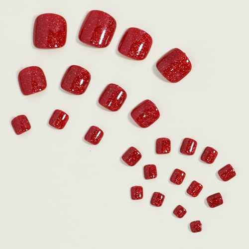 Red Sparkly Press on Toenails Short Square Fake Toe Nails Glossy Red Solid Color Glitter Full Cover Artificial Stick on Toenails for Women Girls Winter Christmas Manicure 24Pcs