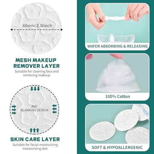 Premium Cotton Rounds for Face, 300 Count Makeup Remover Pads, 100% Pure & Natural Facial Cleansing Round Pads, Hypoallergenic, Lint-Free