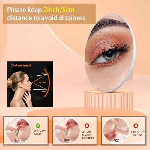 Magnifying Mirror 40X with Suction Cups, Large 6inch Travel 40X Magnified Round Makeup Mirror with High Magnification, Make up Mirror with Tweezers Sets