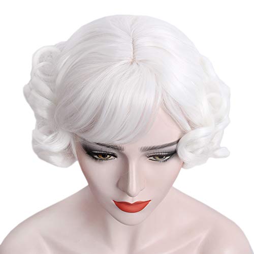 White Short Curly Womens Wig Heat Resistant Synthetic Hair for old lady Halloween Christmas mrs Santa Anime Cosplay costume Daily Wig