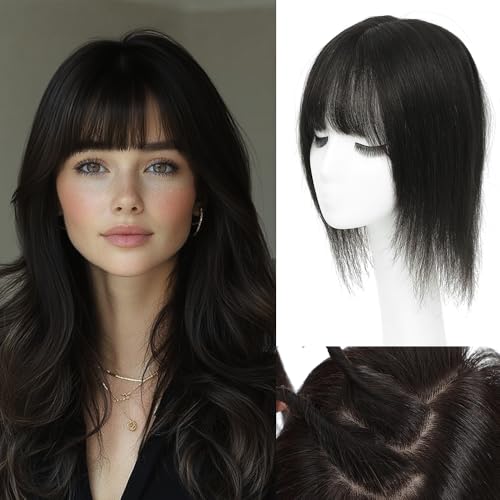 Hair Toppers for Women Real Human Hair,360¡Æ3D Big Basement Cover Topper for Women with Thinning Crown with Wispy Clip in Bangs Realistic Scalp (1B, 3D Wispy Bangs 14INCH)
