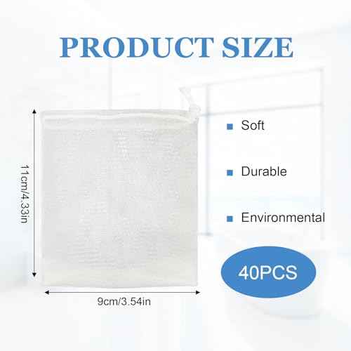40 PCS Soap Saver Bag, Exfoliating Mesh Soap Saver Pouch Bags, Bubble Mesh Net Bags with Drawstring, Easy to Store, for Shower, Face Cleansing, White