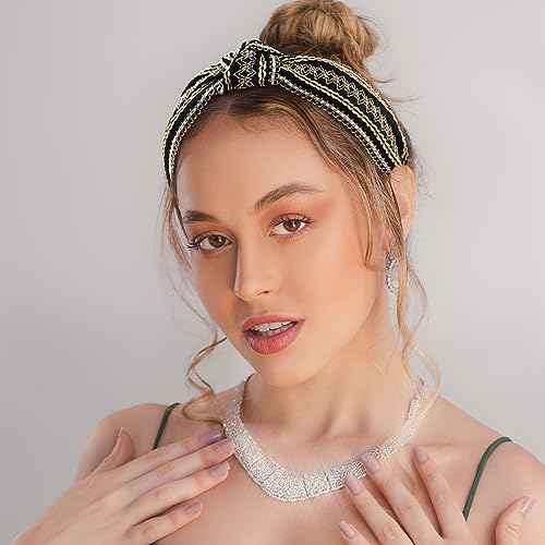 YISSION 2PCS Knotted Headbands for Women & Girls - Non Slip Wide Embroidery Boho Fashion Top Knot Headbands - Black & White Vintage Hair Accessories