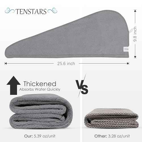 TENSTARS 5 Pack Thicken Microfiber Hair Towel Wrap for Women - Elastic Loop Design - 320GSM Coral Velvet - Quick Dry Hair Turban - 11x28 Inch (Grey+Pink+Brown+FrozenBlue+FrozenBerry)
