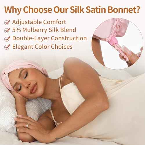 Adjustable Silk Satin Hair Bonnet for Sleeping with 5% Mulberry Silk ? Double Layer Hair Cap for Women & Men, Extra Smooth Night Cap for Curly, Braided, Natural Hair ? Silk Shower Cap (Pink)