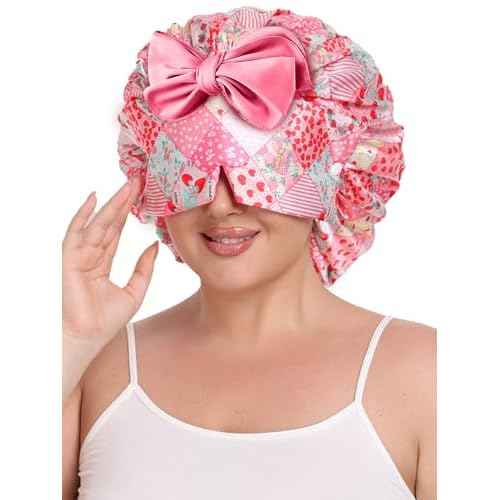 Double Layer Satin Hair Bonnet with Eye Mask Silk Sleep Cap with Tie Head Wrap for Curly Natural Hair Pink Strawberry