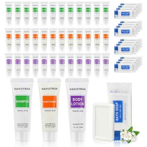 200 Pcs 4-IN-1 Hotel Soaps and Toiletries Bulk Set,4-Piece Set Mini Bulk Travel Size Toiletries Set 1 oz each Shampoo,Conditioner, Body Lotion and 0.53 oz Soap Hotel Supplies for Guests,Homeless