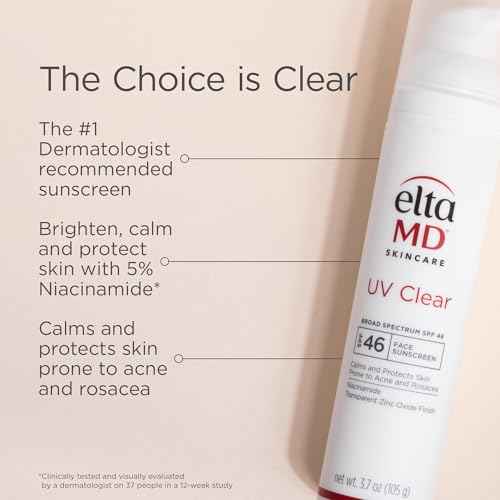 EltaMD UV Clear Face Sunscreen SPF 46, Oil Free Sunscreen with Zinc Oxide, Dermatologist Recommended, For Acne-Prone Sensitive Skin, 3.7 oz