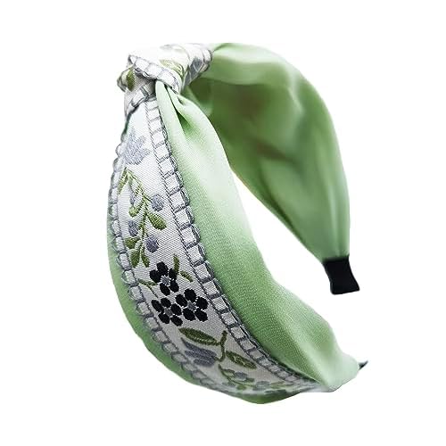 Boho Knotted Green Headband with Handmade Lace Embroidery Floral Headband for Girls Womens