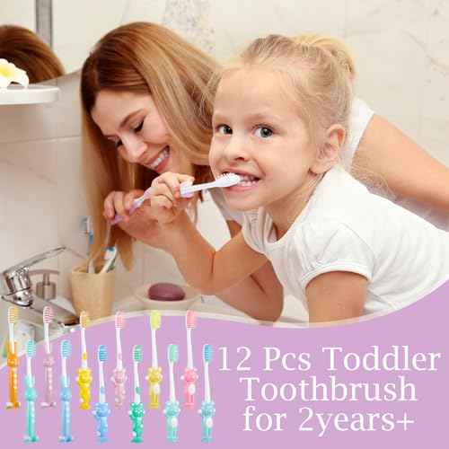 Patelai 12 Pcs Toddler Toothbrush for Age 2 up, Kids Toothbrush Set with Covers, Soft Children Manual Brushes Bulk with Suction Cup for Upright Storage, Rabbits and Bears Brushes for Travel