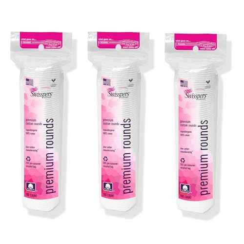 Swisspers Premium Cotton Rounds - 100% Chlorine Free Cotton Face Pads for Makeup, Nail Polish Removal - Dermatologist Tested and Hypoallergenic, Made in USA - 100 Pads (Pack of 3)