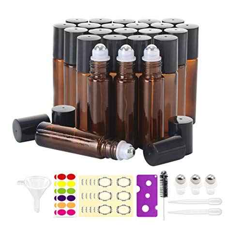 Mavogel 24pack, 10ml Roller Bottles for Essential Oils - Amber, Glass with Stainless Steel Roller Balls (3 Extra Roller Balls, 54 Pieces Labels, Opener, Funnel, Dropper, Brush Included)