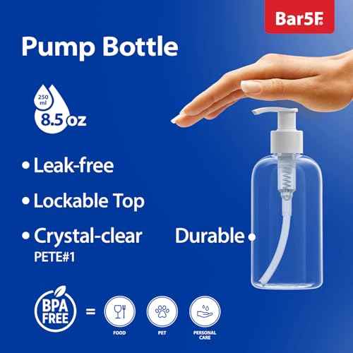 Bar5F Plastic Bottles with Pump Dispenser, 8 oz | Leak Proof, Empty, Clear Refillable, BPA Free for Body Wash, Moisturizer, Face Cream, Liquid Soap | Black & White Pumping Caps | Set of 2