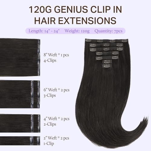 DOORES Human Hair Extensions, Natural Black 16 Inch 7 pcs 120g, Genius Seamless Clip in Hair Extensions with Invisible Weft and Straight Invisi Edge