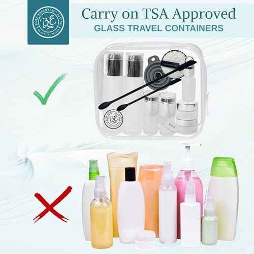14 Pcs Travel Skincare Containers Set-TSA Approved Toiletry Bag & Glass Travel Bottles for Toiletries Pump, Spray & Dropper Bottles Travel Size Containers for Foundation, Serum Moisturizer Oil & Cream