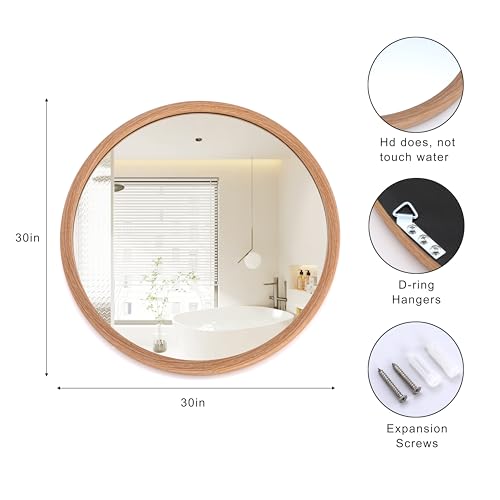 Round Wall Mirror 20/30 Inch Walnut/Oak Wood Grain Rustic Framed Vanity Wall Mounted Bathroom Brown Farmhouse Mirror for Living Room Mantel Entryway Bedroom Hallways (Oak, 30" L x 30" W)