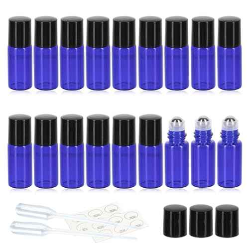 ZEJIA 3ml Roller Bottles 24Pack Cobalt Blue Thick Glass Essential Oil Bottles with Stainless Steel Roller Ball and 2 Droppers