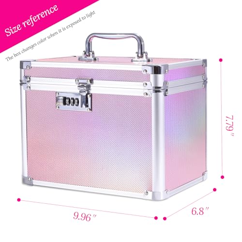 Girls Makeup Box Organizer Storage with Combination Lock, Pink Locking Makeup Cosmetic Train Case for Women, 9.96" x 6.8" x 7.79" Travel Make up Box Aurora