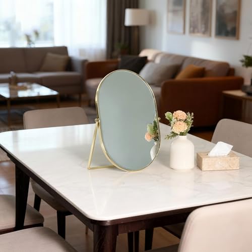Feyarl Champagne Gold Oval Vanity Mirror 12x8 Inch Vertical Tabletop Makeup Mirror Decorative Standing Cosmetic Mirror for Bedroom Bathroom Desk Dresser