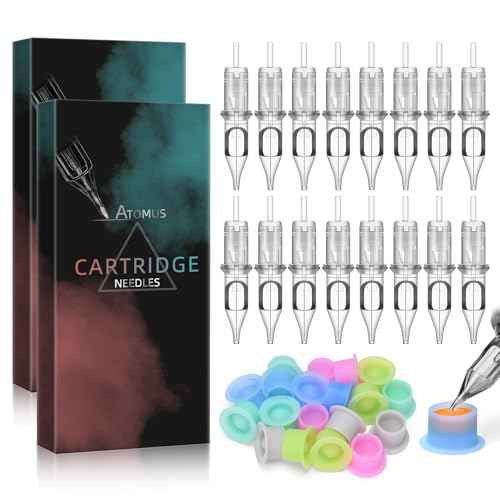 ATOMUS 20pcs Tattoo Cartridge Needles with 20pcs Silicone Ink Cups Size #10 RL RS RM M1 Round Liner Tattoo Needles for Tattoo Gun Pen Liner Pattern (1RL)