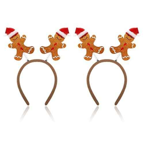2 Pieces Gingerbread Headbands with Glitter Surface and 3D Santa Hat Cute Brown Gingerbread Hair Hoop Headpiece for Xmas Festival Party Holiday Themed Events