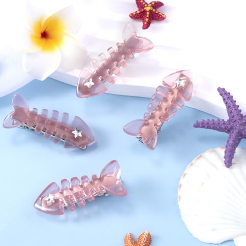 4pcs Fish Bone Hair Clips, Translucent Pink Small Barrettes, Resin No Crease Bangs Kawaii Hairpin, Duckbill Hair Accessories for Women Girls Toddlers Birthday Christmas Party