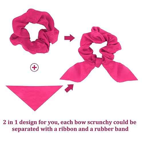 12 Pack Scrunchies for Women, Bow Hair Scrunchies for Thick Hair, Hot Pink Hair Ties Bunny Ear Scrunchies Satin Scrunchies, Hair Accessories Scrunchies with Tails for Girls