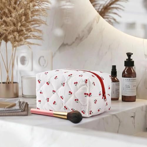 Floral Makeup Bag,Floral Quilted Makeup Pouch,Large Cosmetic Bag,Fashionable Travel Makeup Pouch, Cute Cherry Make up Bag,Puffy Coquette Makeup Bag, Attractive Quilted Make up Bag