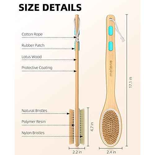 Metene Shower Brush with Soft and Stiff Bristles, Bath Dual-Sided Long Handle Back Scrubber Body Exfoliator for Wet or Dry Brushing