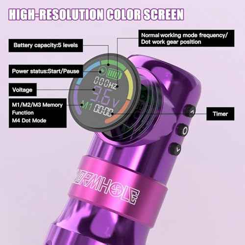 Wormhole Tattoo Gun Kit Wireless Tattoo Kit Tattoo Machine with Digital LED Display, 1,500 mAh Capacity Battery, Normal/Jump-Start/Dot Working Mode, 20Pcs Tattoo Needles Tattoo Pen Kit-Purple