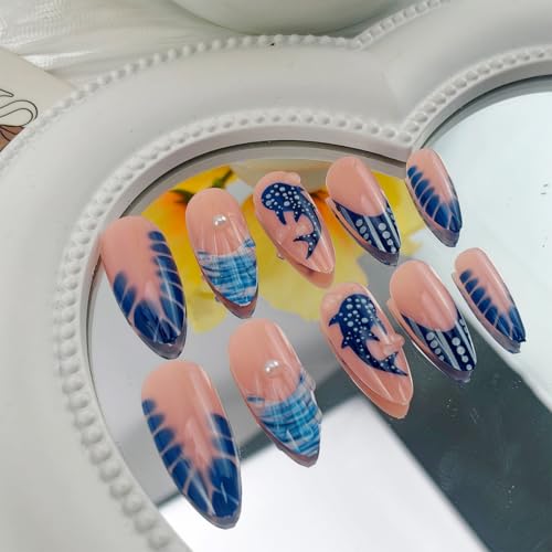 Almond Press on Nails Medium French Tip Fake Nails with 3D Pearl Drip Gel Summer Glue on Nails Blue Shark False Nails Ocean Whale Artificial Stick on Nail Cute Acrylic Nail for Women Manicure 24Pcs