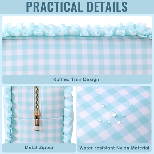 Gingham Ruffle Makeup Bag,Large Travel Cute Cosmetic Bag for Women Girls,Toiletry Bag Make up Organizer 10.8 x 4.5 x 8 inch (Mint Gingham)