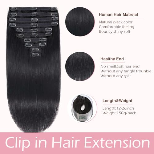 Clip in Hair Extensions Real Human Hair,18inch 150g 10Pcs with 24 clips,Natural Black,Straight Human Hair Clip in Hair Extensions for Black Women