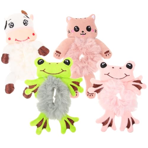 4Pcs Cute Animal Plush Hair Ties for Women - Fluffy Scrunchies Featuring Cat Cow Frog Designs - Soft and Comfortable Hair Accessories for Teens and Young Girls