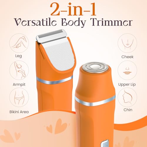 Facial Hair Removal for Women - Waterproof 2 in1 Rechargeable Eyebrow Facial Trimmer and Bikini Trimmer for Women, Painless Face Electric Razor/Shaver for Lip, Arms, Face, Peach Fuzz