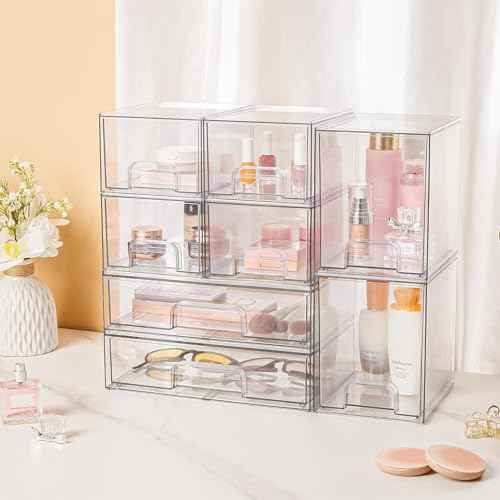 Vtopmart Stackable Storage Drawers Set of 5, Clear Plastic Organizer Bins for Beauty Supplies,Ideal for Vanity, Bathroom,Cabinet,Pantry Organization