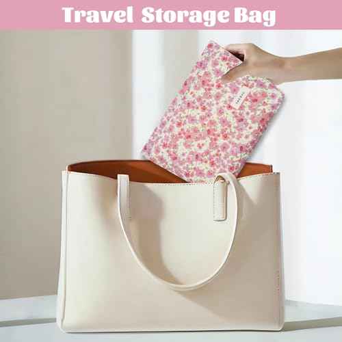 LJCZKA Aesthetic Floral Makeup Bag Cute Cotton Make up Pouch Large Flower Travel Toiletry Organizer Bag (Pink)