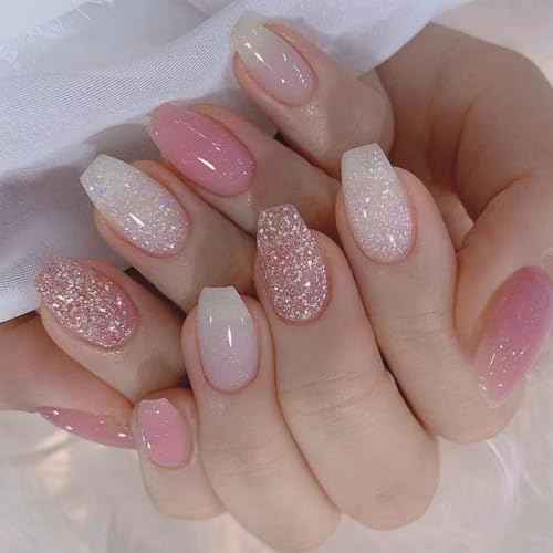 24pcs Pink Glitter Press-on Nails - Medium Coffin Style, Bling Acrylic, Gradient Design, Full Cover French False Nails, Artificial Glue-on Tips for Women & Girls - Glossy Finish