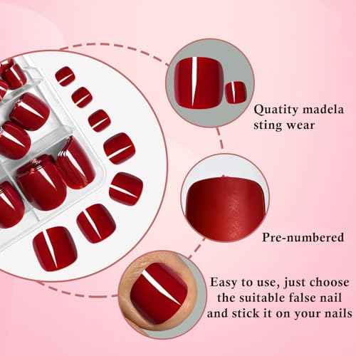 LoveOurHome 240pc Red Press on Toenails Women Fake Toe Nails with Glue Tabs, Dark Red Fake Toenails Press on Toes Nail Glue on Toenail Acrylic Toe Nail Tips Gel Artificial False Stick Toenail Tip